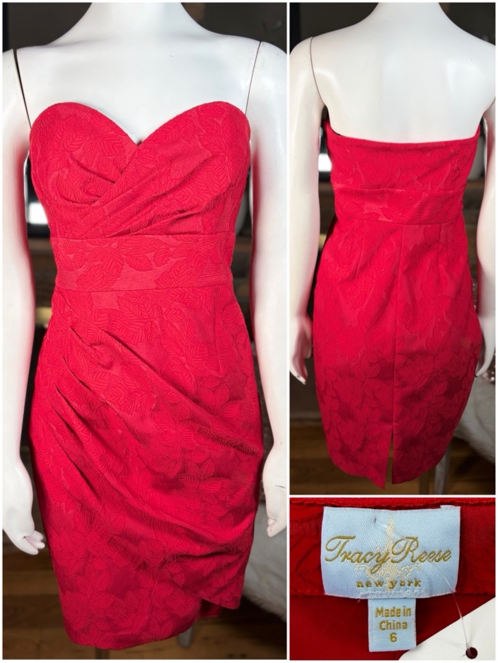 Tracy Reese Red Botanical Print Strapless Sweetheart Neckline Midi Dress, Sz 6